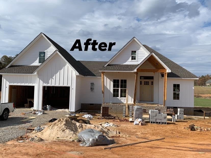 New white house exterior with painted siding and a timber front porch